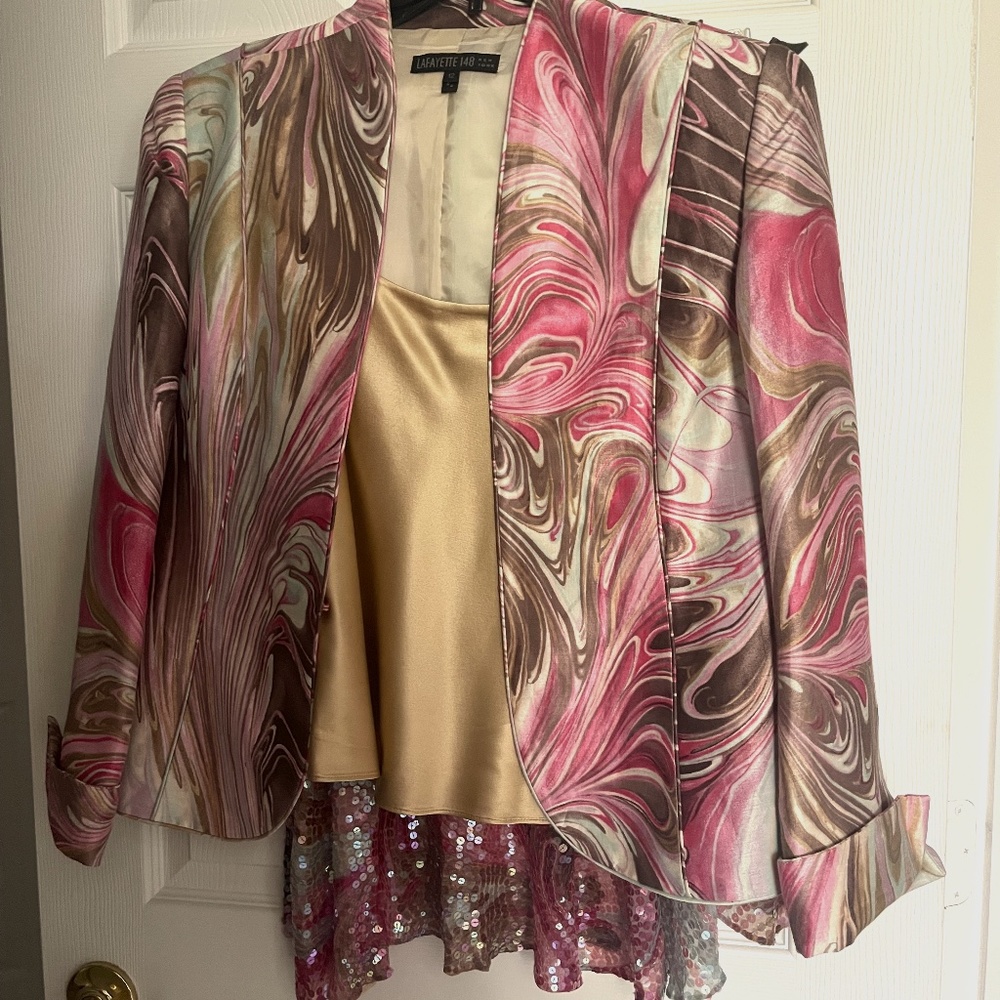 3 piece multicolor Lafayette 148  silk outfit with beaded skirt.